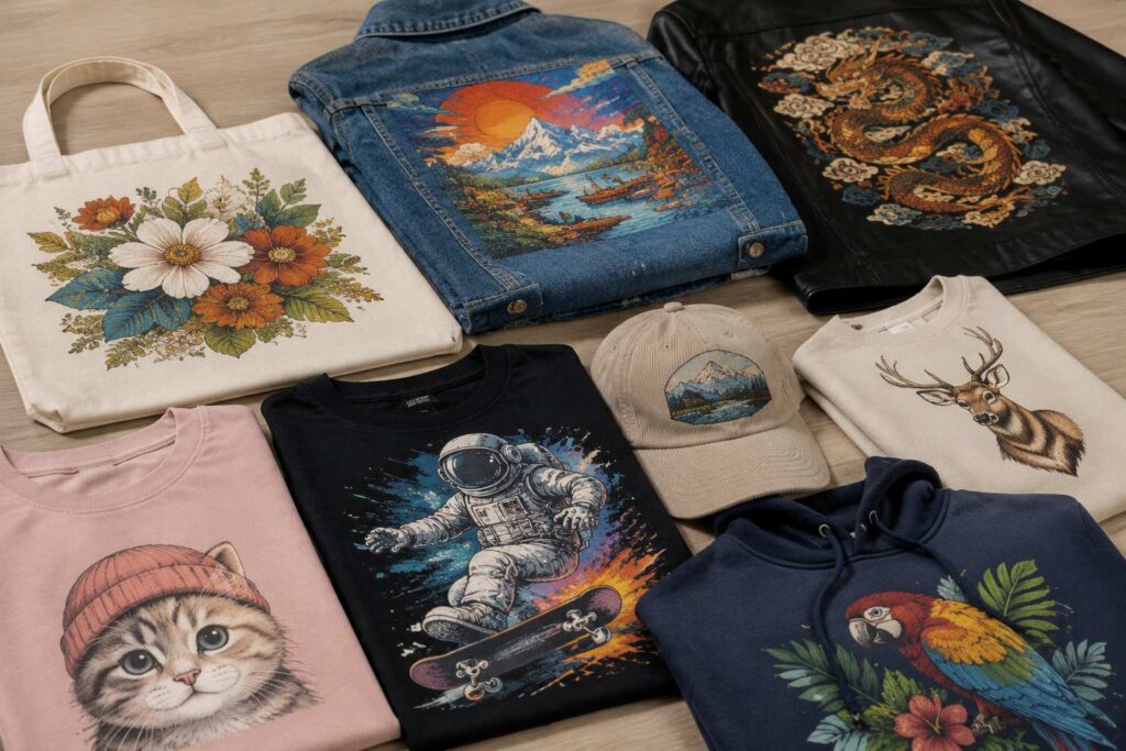 The process is highly versatile and supports various materials including cotton, linen, polyester, blends, denim, and even special materials like leather and PU