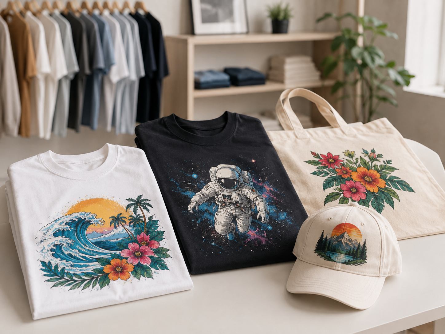 DTG printed T-shirts, tote bags, and caps display