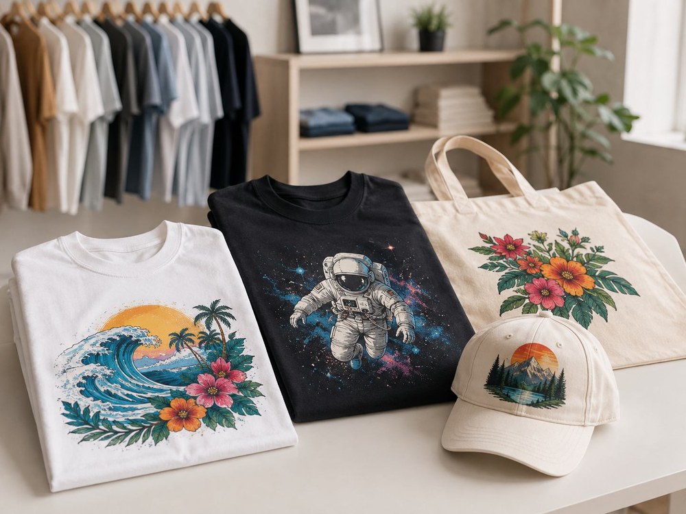 DTG printed shirts, bags, and caps for apparel applications