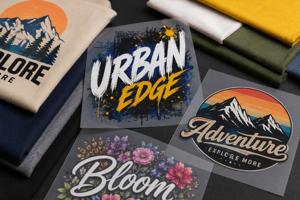 Apparel products printed with colorful DTF transfers displayed in a retail-style showroom