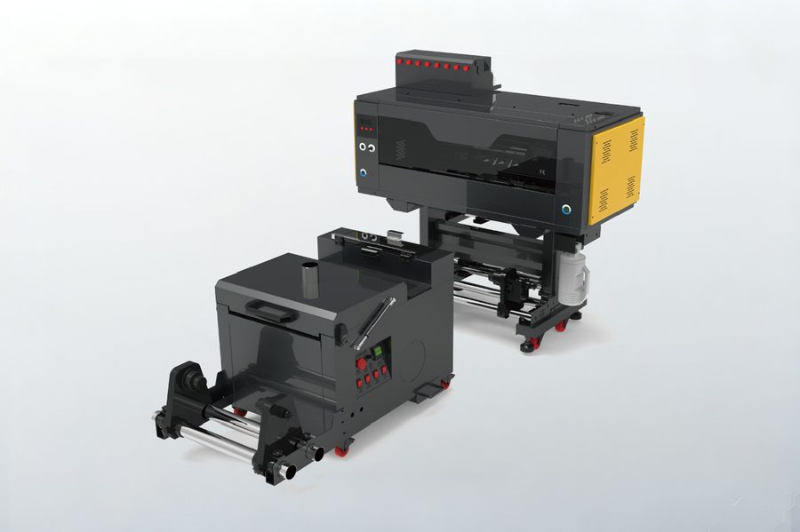 DTF printer and powder handling equipment for flexible apparel orders