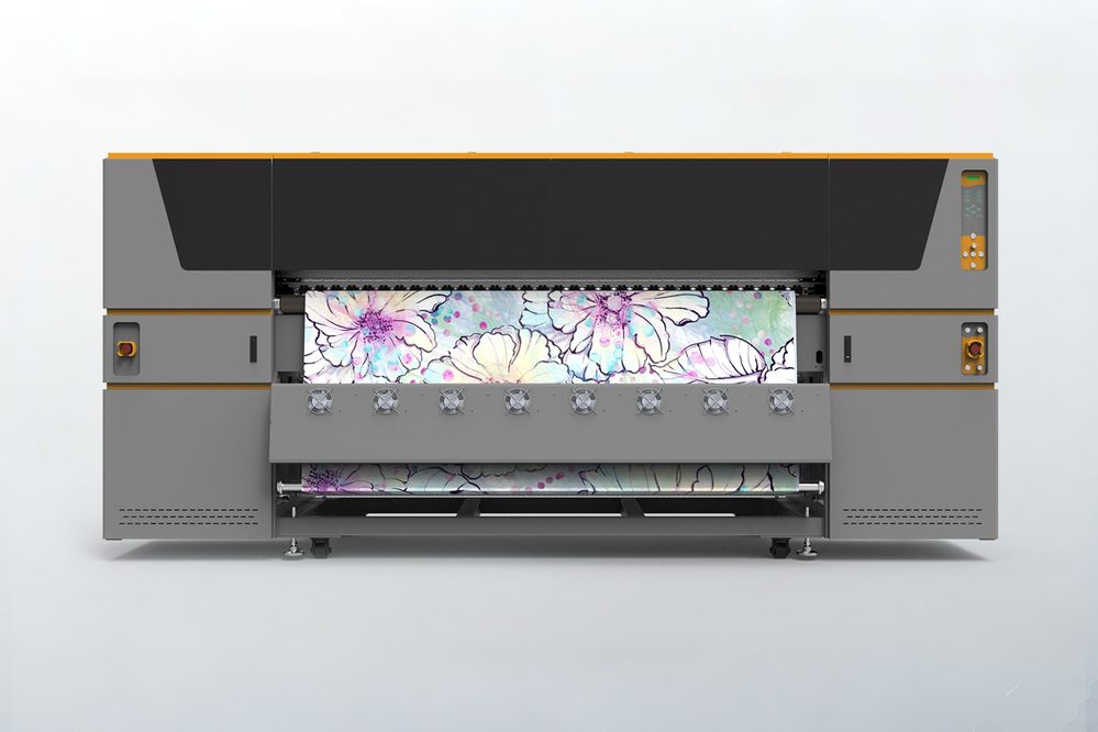 HJD sublimation printer with printed transfer paper moving through the front path